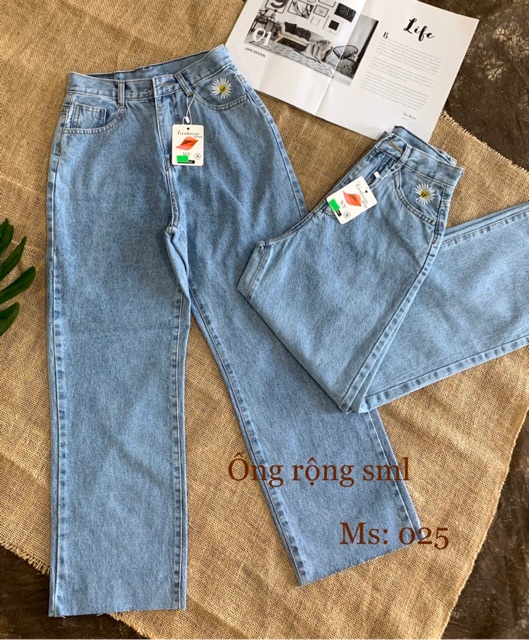 Quần jean ống rộng nữ hoa cúc thêu (Ms025)