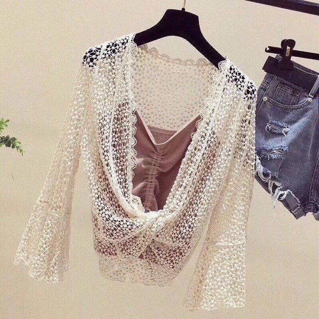 Áo khoác kimono ren hạt tay xòe
