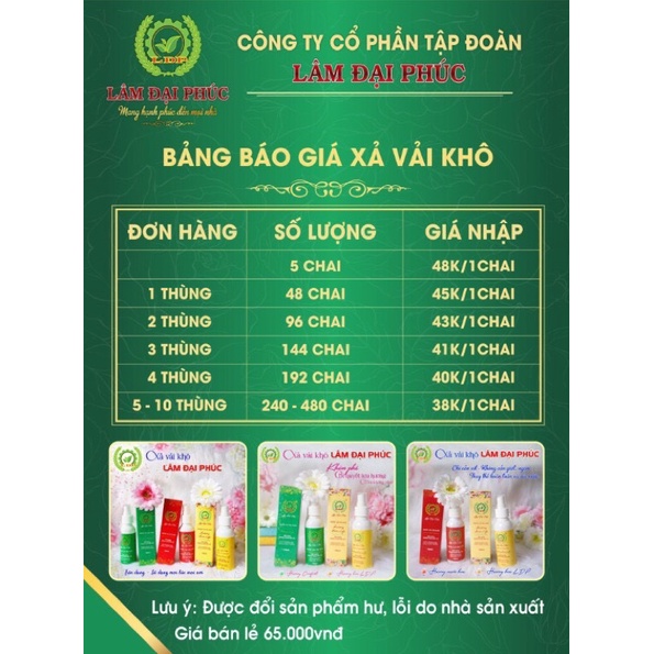 combo 5 chai xả vải khô, xịt thơm quần áo Lâm Đại Phúc, hương thơm