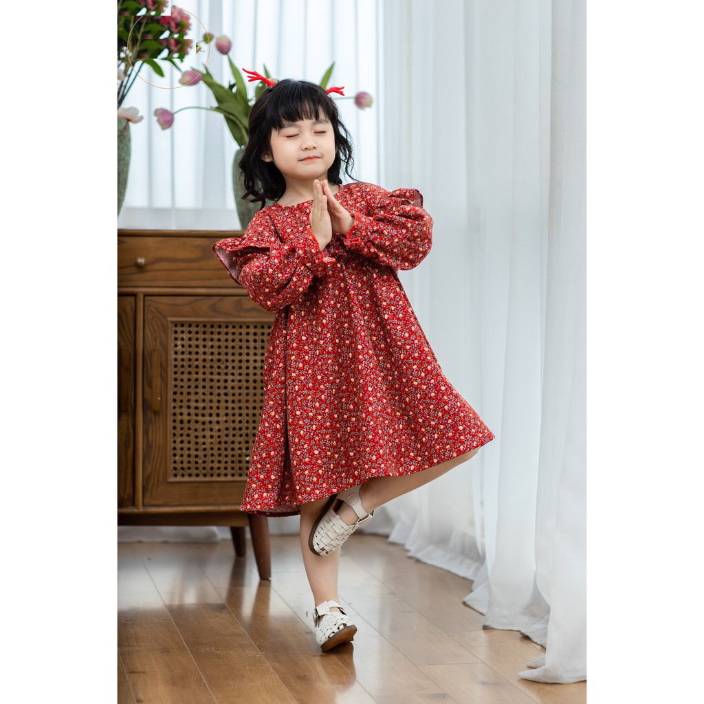 Thiết Kế Cao Cấp-Váy đầm đỏ cào bông babydoll tay ngắn cách điệu cực xinh cho bé gái 8 tuổi