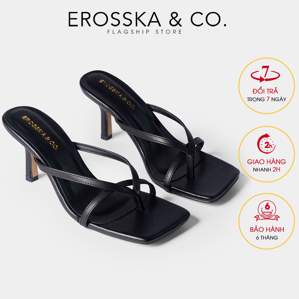 [Mã WABRTL3 -10% đơn 250K]Dép cao gót Erosska xỏ ngón phối dây gót nhọn cao 7cm màu đen _ EM060