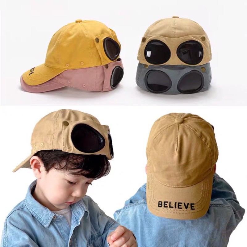Mũ Nón Lưỡi Trai Kính Phi Công Chống Tia UV Cho Bé Chất Cotton Kaki (3 - 8Tuổi)