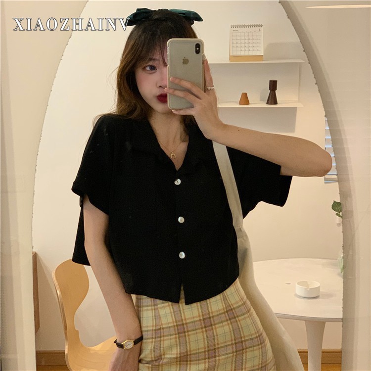 Xiaozhainv Áo sơ mi tay ngắn form rộng phối cổ Polo màu trơn trẻ trung trẻ trung | BigBuy360 - bigbuy360.vn