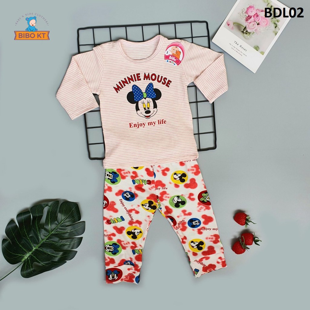 Bộ cổ viền tay dài cotton 100% 4 chiều co giãn êm ái hình họa tiết Mickey dùng mặc ở nhà Bibo Kim Thu size1-6(6-18kg)