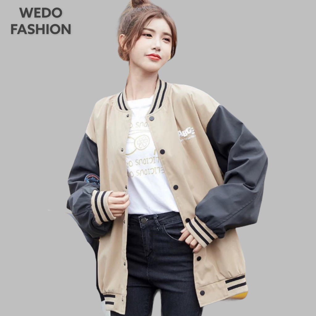 Áo khoác Bomber nữ BABGE, vải dù mero hai lớp cao cấp, logo thêu kèm nút bấm phối màu cá tính WEDO