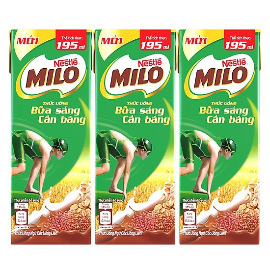 Thức uống ngũ cốc Nestle Milo bữa sáng lốc 3 hộp x 195ml