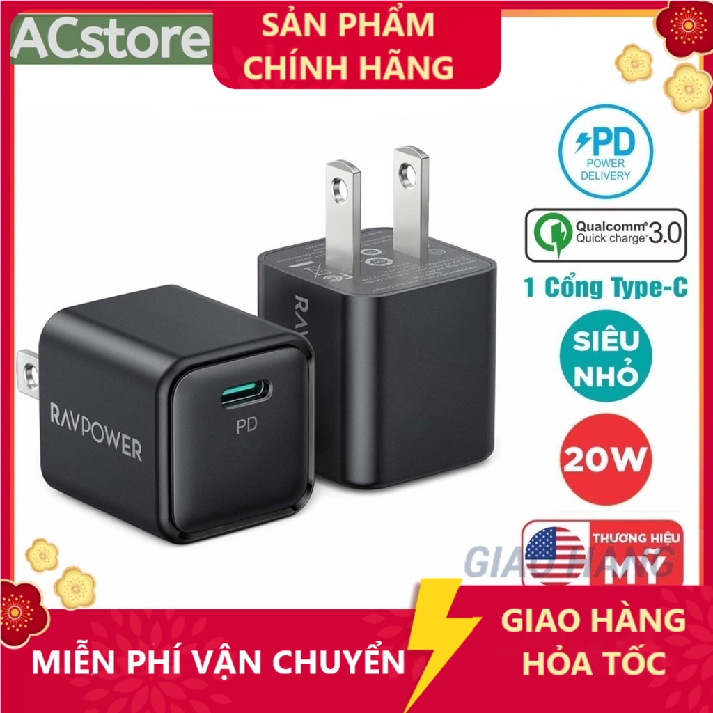 [ KHÔNG HỘP ] Củ sạc nhanh RAVpower PD 20W siêu nhỏ, hỗ trợ PD/PPS/QC cho điện thoại máy tính bảng(RP-PC150) - ACSTORE