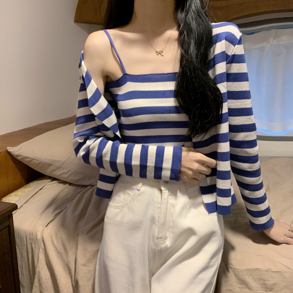 Set 2 món ZHELIHANGFEI áo hai dây + áo khoác cardigan họa tiết kẻ sọc thời trang