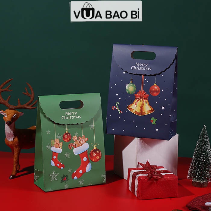 Túi đựng quà Giáng sinh nắp gấp xách tay, túi giấy Noel 26x19x9cm màu sắc xinh xắn
