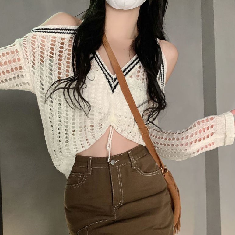 COZOK Áo Cardigan Dệt Kim Tay Dài Dáng Rộng Cổ Chữ V Hở Vai Phối Dây Rút Thời Trang