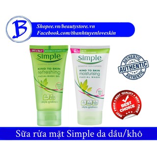 [AUTH] Sữa rửa mặt cho da khô/da thường Simple Kind To Skin Refreshing / Mosturizing Facial Wash Gel 150ml