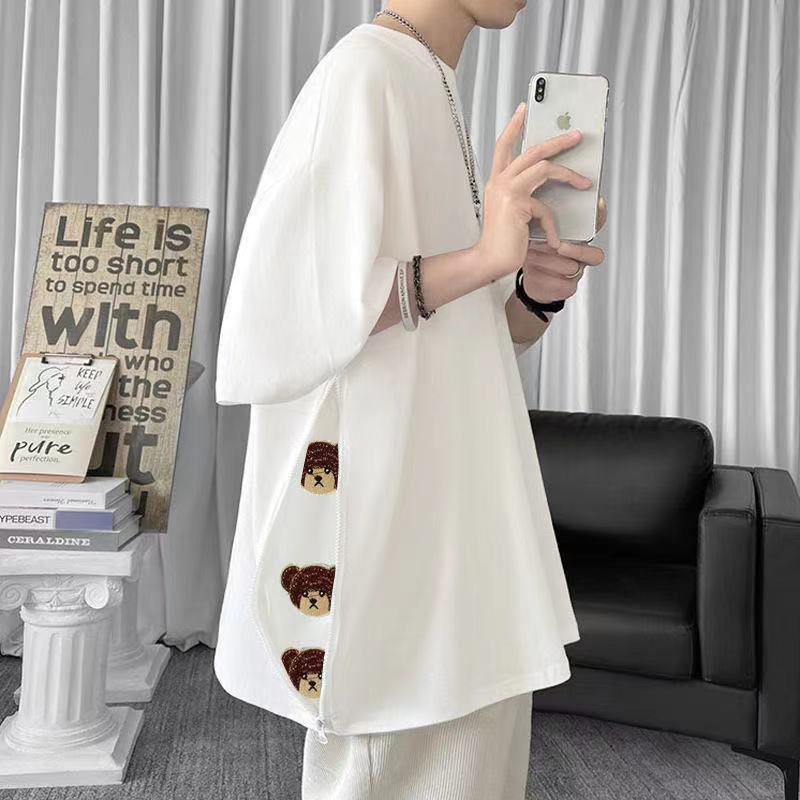 Áo Thun Tay Ngắn Dáng Rộng Có Khóa Kéo Thêu Hình Gấu Dễ Phối Đồ Thời Trang Mùa Hè Cho Nam