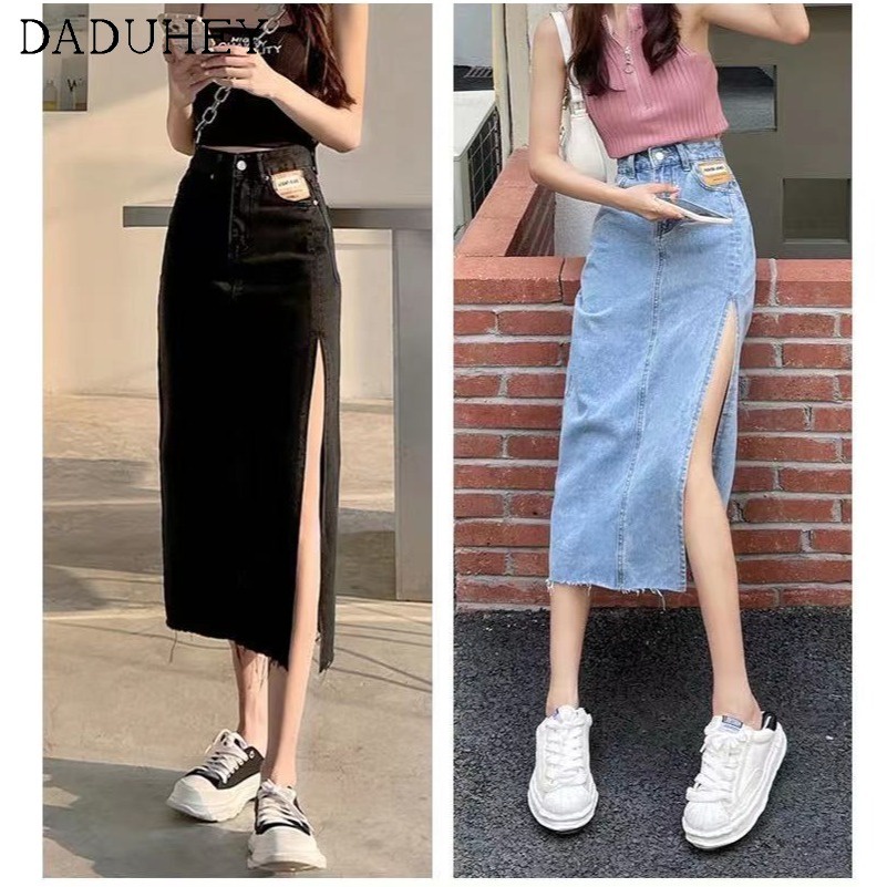 Daduhey Chân váy denim dài dáng chữ A ôm vừa vặn xẻ tà cạp cao mùa hè cho nữ