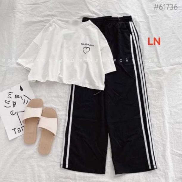 Sét áo croptop tim ngực + quần ống rộng ba sọc LN12