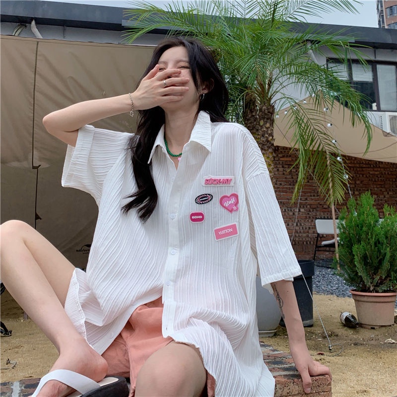 Áo Sơ Mi Ngắn Tay Dáng Rộng Họa Tiết Kẻ Sọc Thời Trang Mùa Hè Cho Nữ
