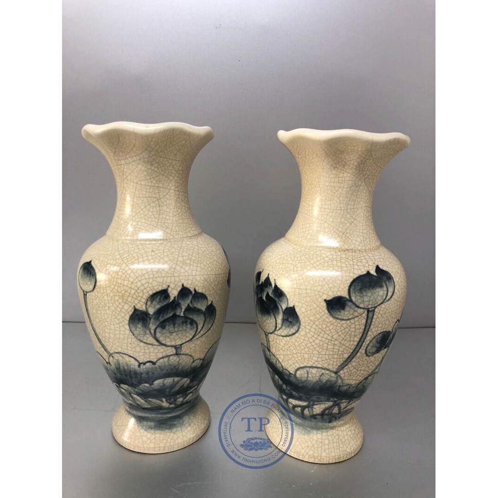ĐÔI LỌ HOA MEN RẠN VẼ SEN, MẪU CỔ LOE TM121457