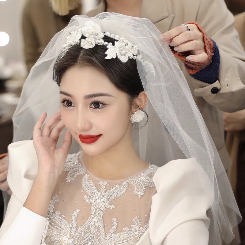 Băng Đô Cài Tóc Hình Vương Miện Công Chúa Đính Hạt Phối Ren Kiểu Hàn Quốc Cho Cô Dâu