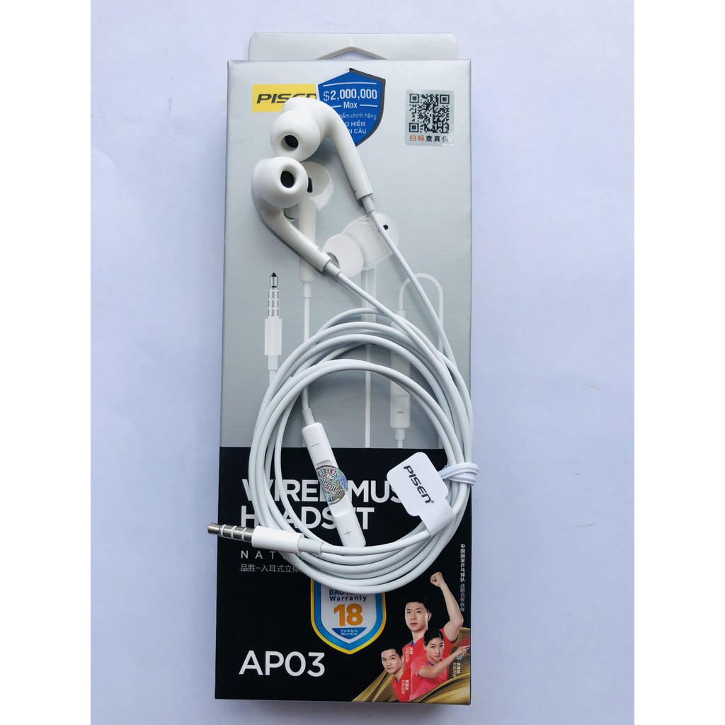 Tai nghe Pisen EarPhone AP01/AP03 (chuẩn kết nối Jac 3.5mm, dây dài 1.2m, TPE ) Bảo Hành 18 tháng