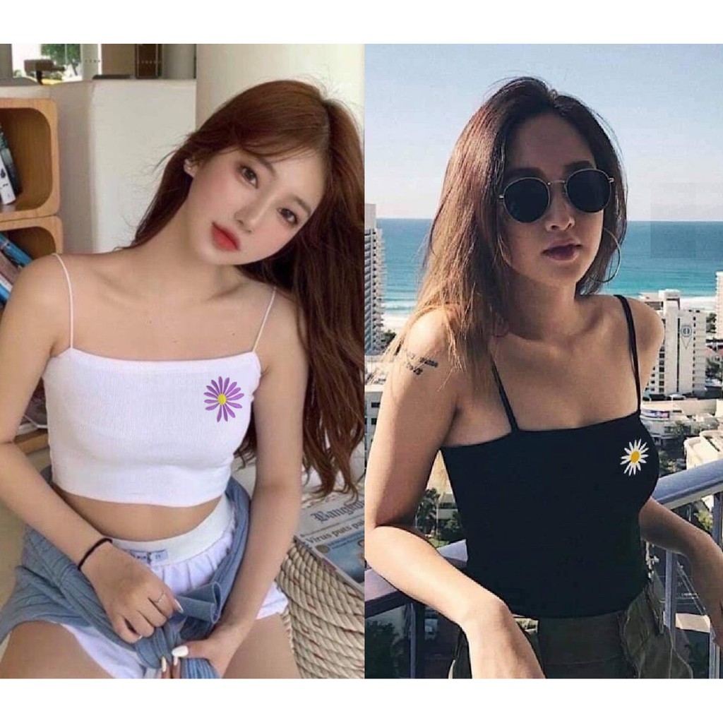 Áo croptop thêu bông hoa cúc xinh  hoa nhí Daisy cute, áo kiểu nữ hai dây mảnh ulzzang quây ống đẹp co giãn CROH 80 -5F