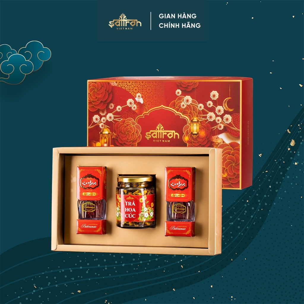 Bộ quà tặng nhụy hoa nghệ tây Saffron Bahraman 2gr kèm trà hoa