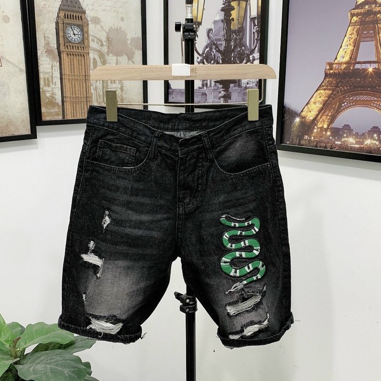 Quần short jean nam thêu rắn xanh độc lạ vải dày dặn co giãn bốn chiều cao cấp giá rẻ form regular 005