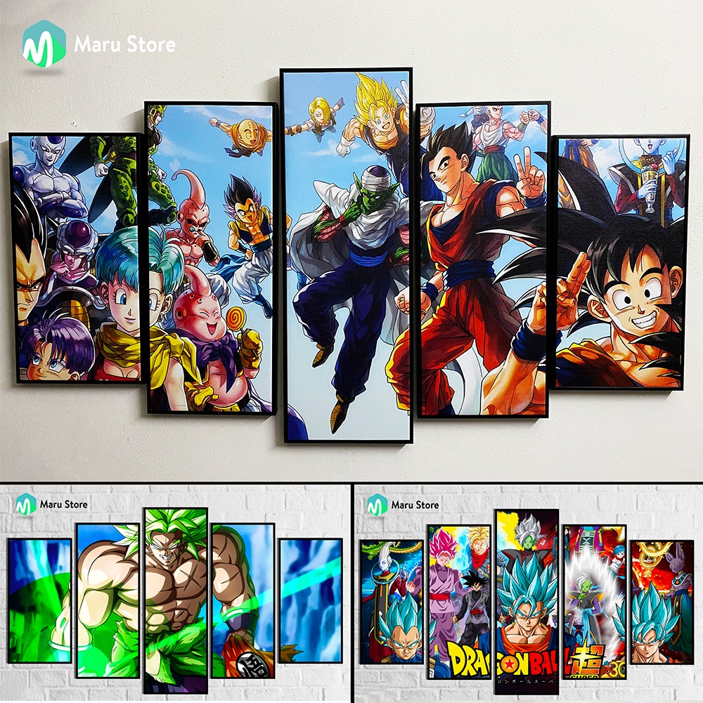 Bộ 5 Tranh Canvas Ghép Dragon Ball Có Khung Composite, Tặng Đinh Treo Tranh Không Cần Khoan