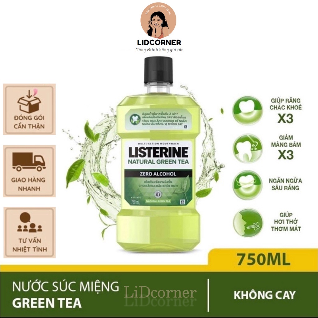 Nước Súc Miệng Listerine Ngừa Sâu Răng Vị Trà Xanh Không Cay - Natural Green Tea 750ML/250ML