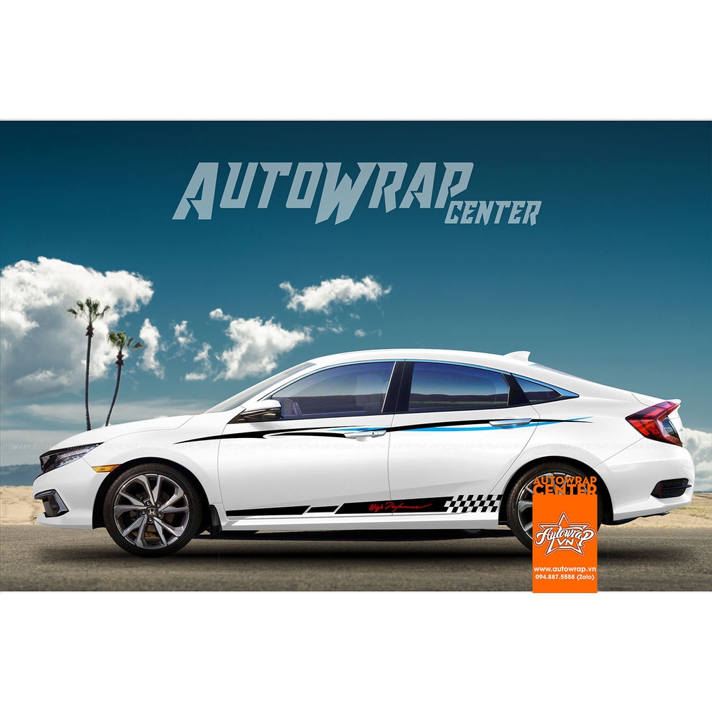 Tem họa tiết xe Civic Hight Performance - Tem họa tiết ô tô Honda, tem dán sườn xe thể thao