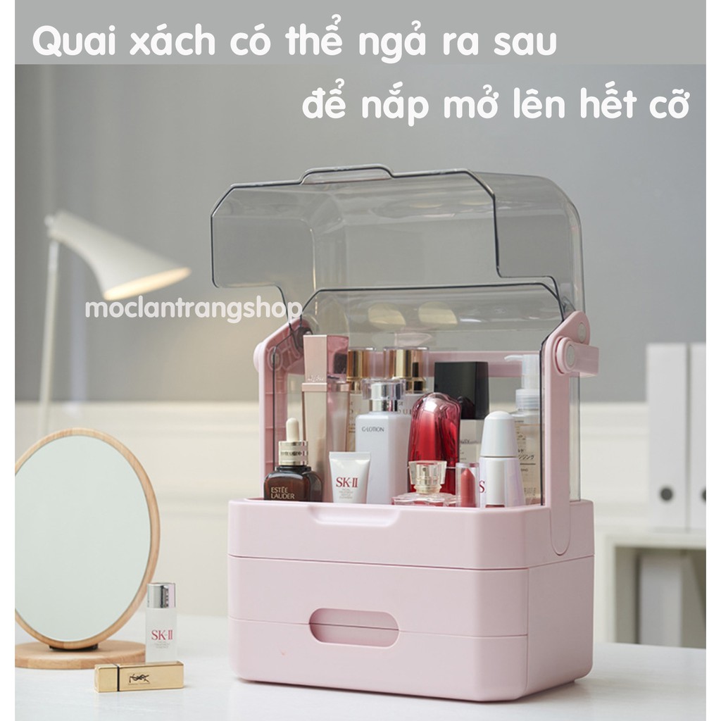 Tủ kệ đựng mỹ phẩm đồ trang điểm nhiều ngăn kéo có nắp kính chống bụi chống nước, hộp để đồ trang điểm cỡ lớn xinh xắn