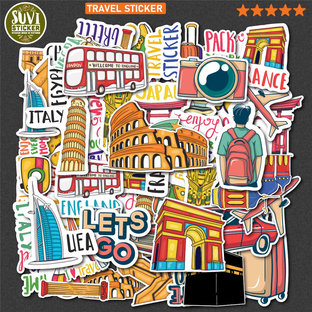 50 Sticker Travel chống nước sticker dán laptop, điện thoại, đàn guitar, mũ bảo hiểm, vali. MSP: T13