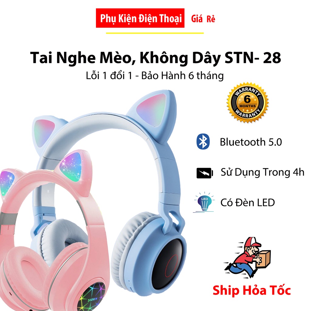 Tai nghe mèo, không dây STN-28 - Tai nghe tai mèo dễ thương không dây có Mic, âm Bass mạnh, dung lượng Pin khỏe