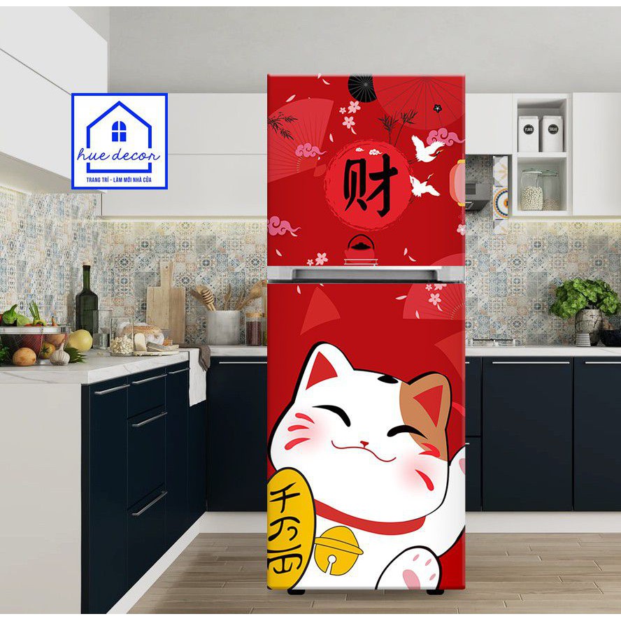 Tranh dán tủ lạnh mèo thần tài Hue decor chất liệu cao cấp siêu bền- chống nước- Bền mãi với thời gian
