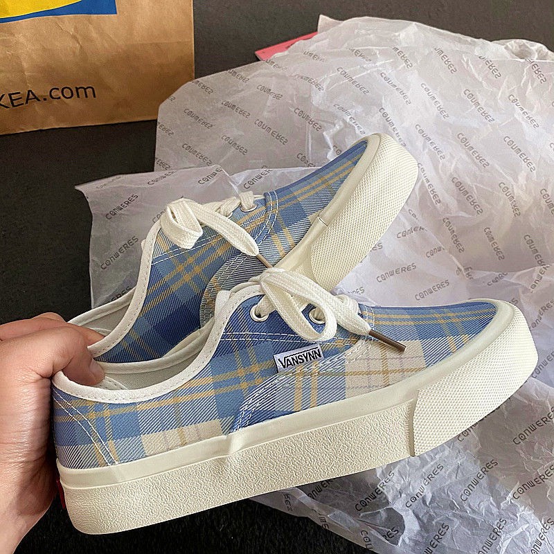 Giày van vải canvas cổ thấp đế bằng phong cách Ulzzang cho nữ, dày nhiều màu học sinh đế bằng mũi bóng