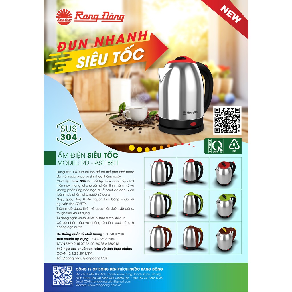 Ấm điện siêu tốc ấm điện nhiều màu RẠNG ĐÔNG 1,8 lít RD-AST18ST1