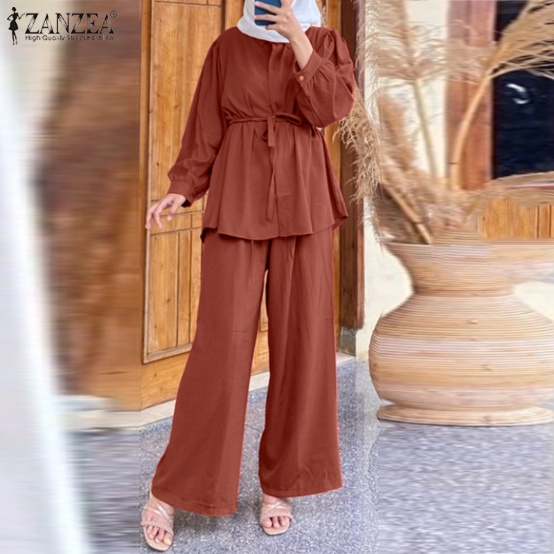 Zanzea Bộ Áo Tay Phồng + Quần Dài Ống Rộng Co Giãn Thời Trang Đường Phố Hồi Giáo Cho Nữ