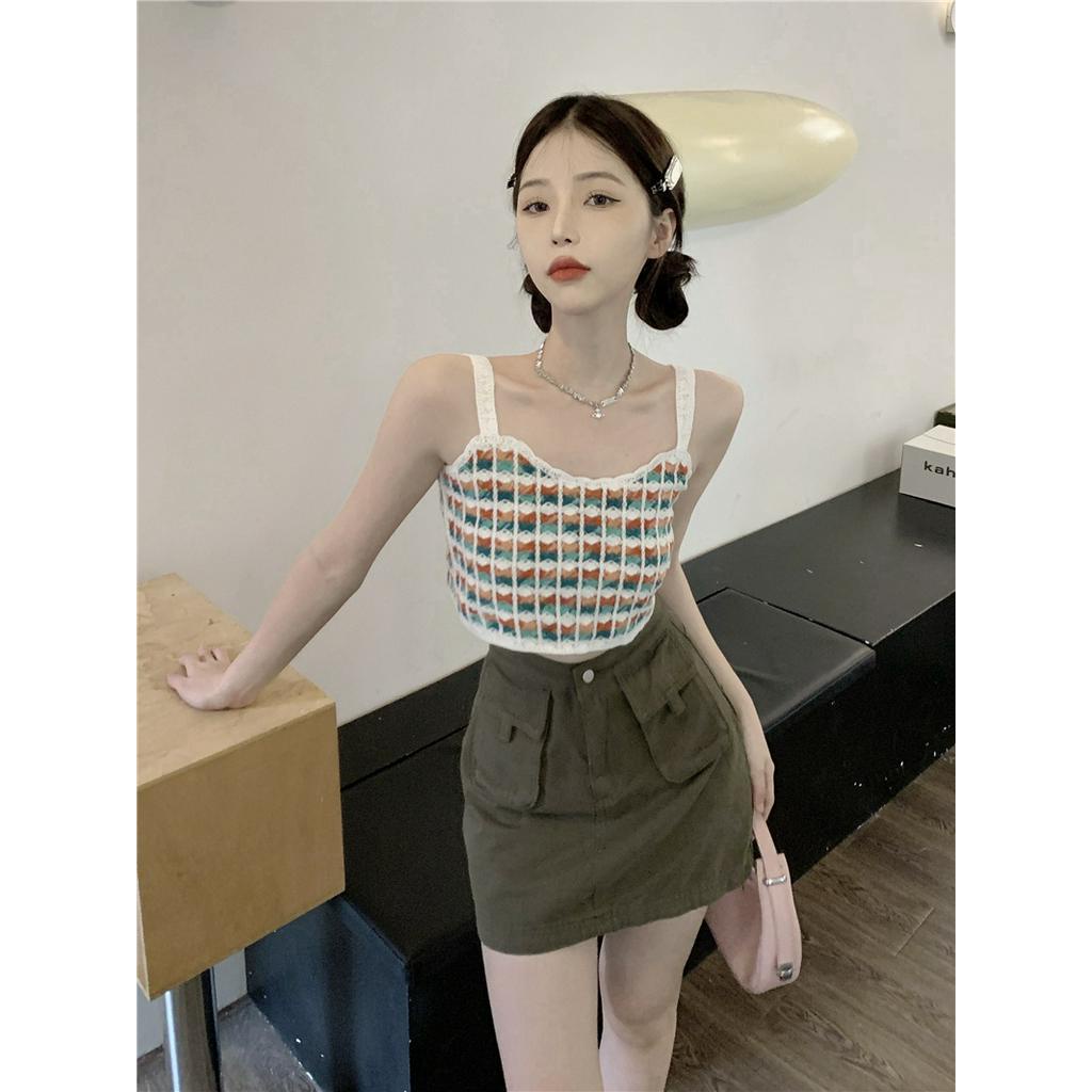 Áo Hai Dây Croptop Họa Tiết Sọc Caro Phong Cách Retro Thời Trang Mùa Hè 62099