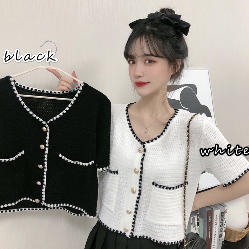 Áo Cardigan Dệt Kim Mỏng Dáng Rộng Tay Ngắn Màu Sắc Tương Phản Thời Trang Mùa Hè Cho Nữ
