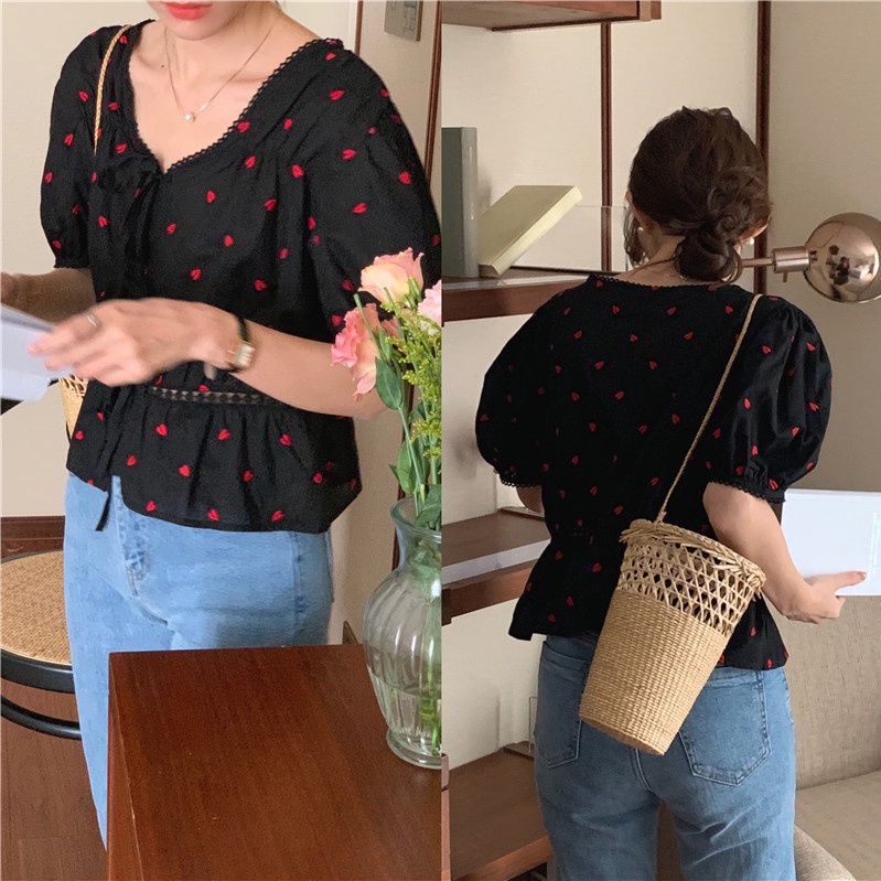 SUXI Áo Sơ Mi Cotton Ngắn Tay Thắt Dây Thêu Họa Tiết Chấm Bi Phong Cách Hàn Quốc