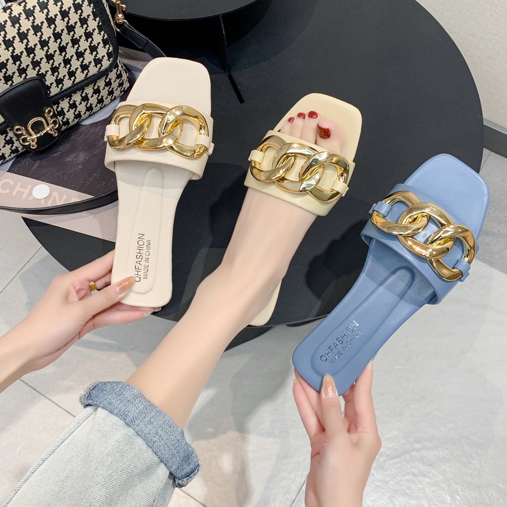 Big Size 36-42 Dép đi biển Đế Bệt Bằng Kim Loại Thời Trang Mùa Hè 02040 Cho Nữ