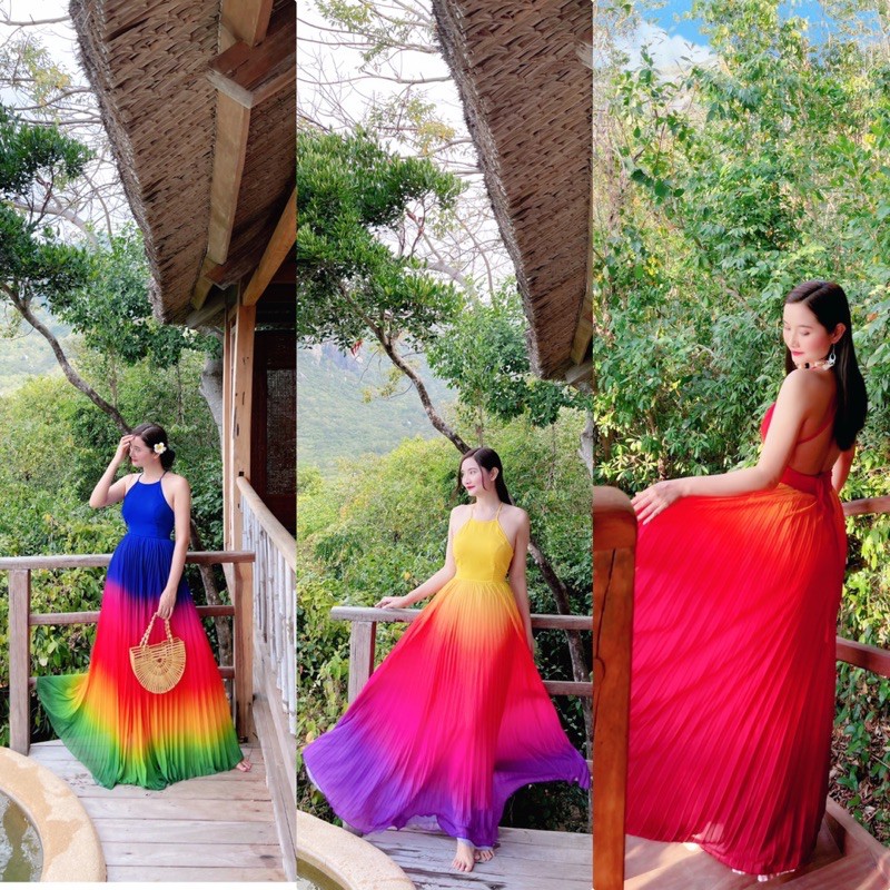 Đầm maxi phối màu dập ly cánh quạt, maxi du lịch mới nhất 2021