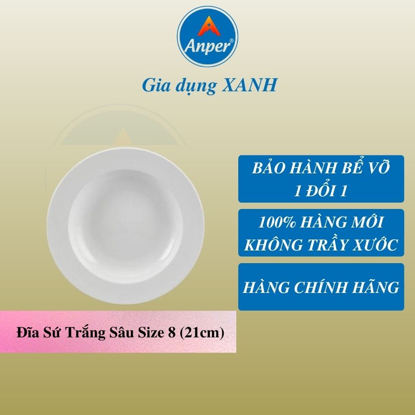 Combo 2 đĩa sứ 3 dĩa sứ trắng ANPER 15 18 21 23 cm chén kiểu đẹp plate