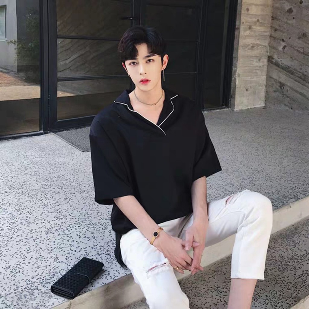 Áo sơ mi nam tay lỡ form rộng cổ viền - Sơ mi nam chui đầu Cổ Chéo phối viền | BigBuy360 - bigbuy360.vn