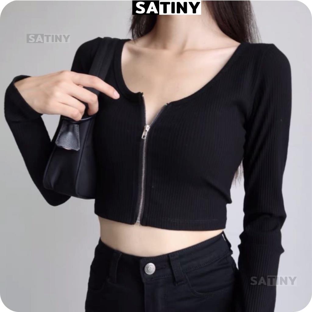Áo croptop tay dài DÂY KÉO NGỰC thun gân Ulzzang, Áo thun nữ dài tay chất vải tốt mặc đẹp Satiny DB64