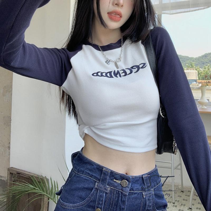 Áo Thun Croptop Dệt Kim Tay Dài Cổ Tròn In Chữ Màu Sắc Thời Trang Đường Phố Cho Nữ CY03