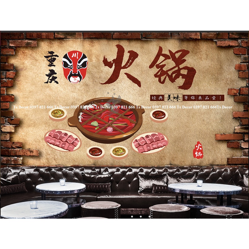 Tranh dán tường nhà hàng lẩu nướng 3D mẫu hot miễn Phí chèn tên riêng Quán, chèn chữ và logo theo yêu cầu.