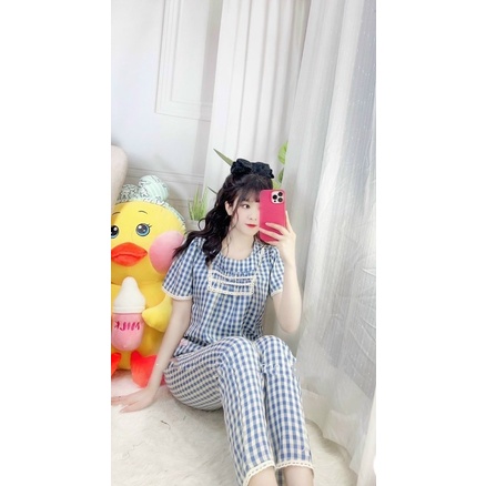 Bộ ngủ mặc nhà mẫu kẻ nhiều màu viền ren siêu mát áo cộc quần mùa hè