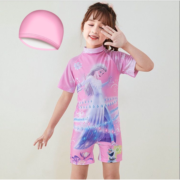 Đồ bơi bé gái liền thân họa tiết CÔNG CHÚA KỲ LÂN tay ngắn bao gồm nón bơi (Mẫu mới 2022)