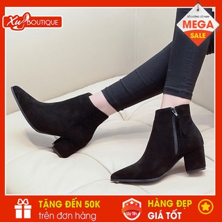 (Lẻ Size 35 SALE 249k) - Giày Boot Nữ Cổ Thấp Mũi Nhọn Dáng Công Sở Gót Vuông Cao 5P - Chất Da Lộn Mềm Mịn BT090