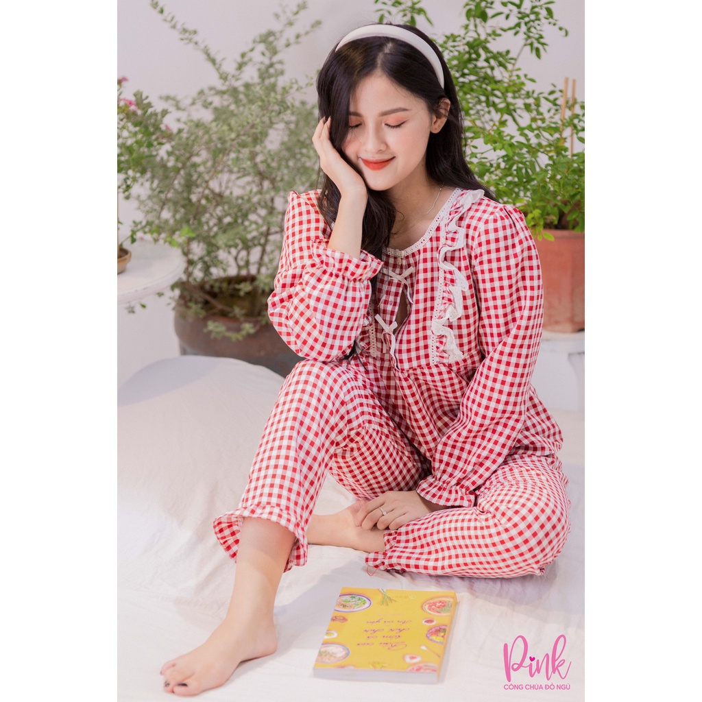 Bộ Đồ Pijama Nữ Màu Hồng Caro Tay Dài Quần Dài Mùa Đông Vải Kate Ấm Đồ Ngủ Chất Lượng Phong Cách Trẻ Trung Hàn Quốc