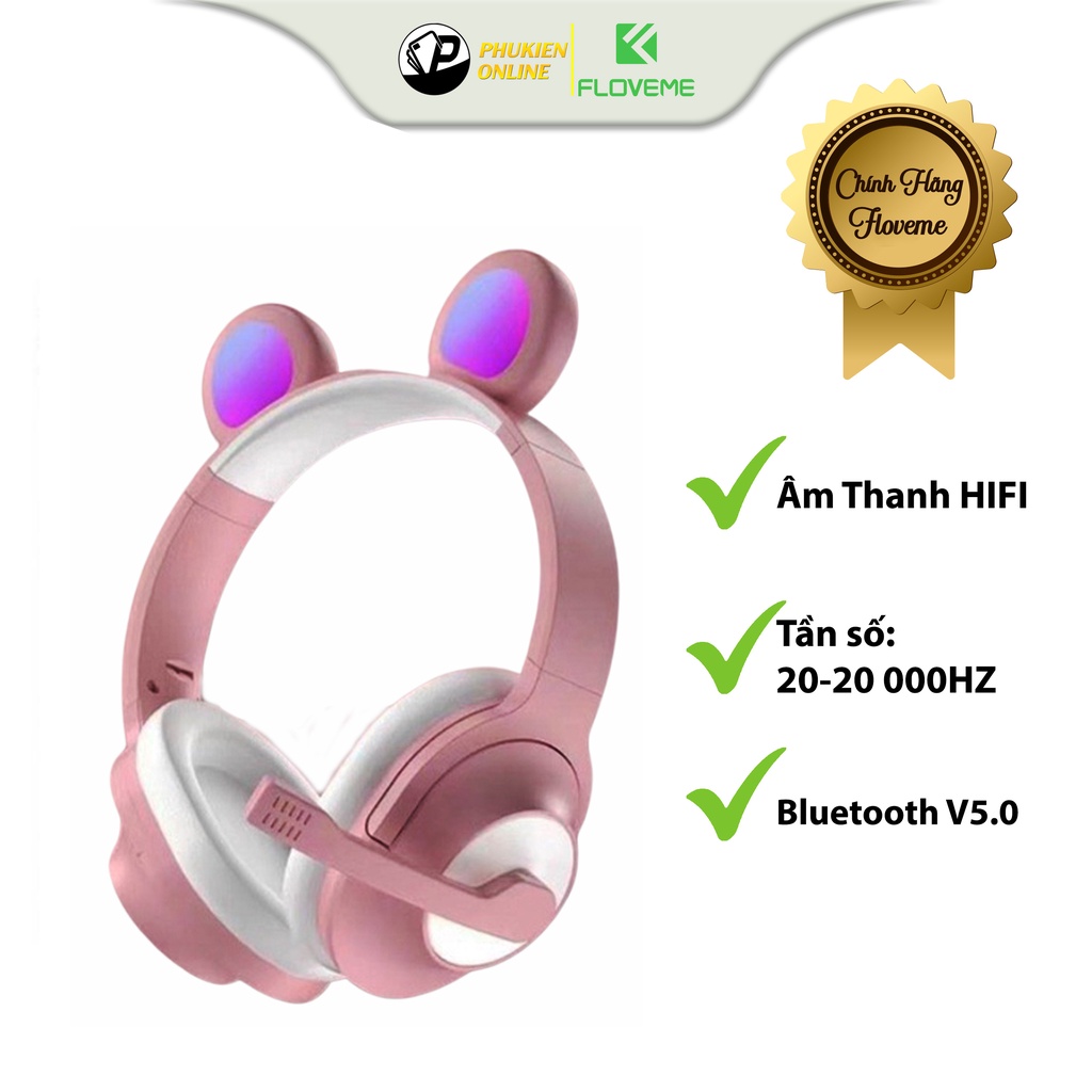 Tai Nghe Có Dây Chụp Đầu Tai Mèo Floveme J31 , Jack 3.5mm, Da PU Mềm Mại , Thoáng Khí , Siêu Kute Có LED Trang Trí